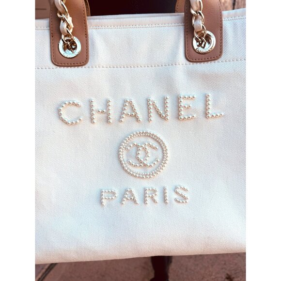 Chanel Beige Canvas & Leather Chain Tote Bag With Dual Handles & Logo Embroidery - Picture 6 of 16